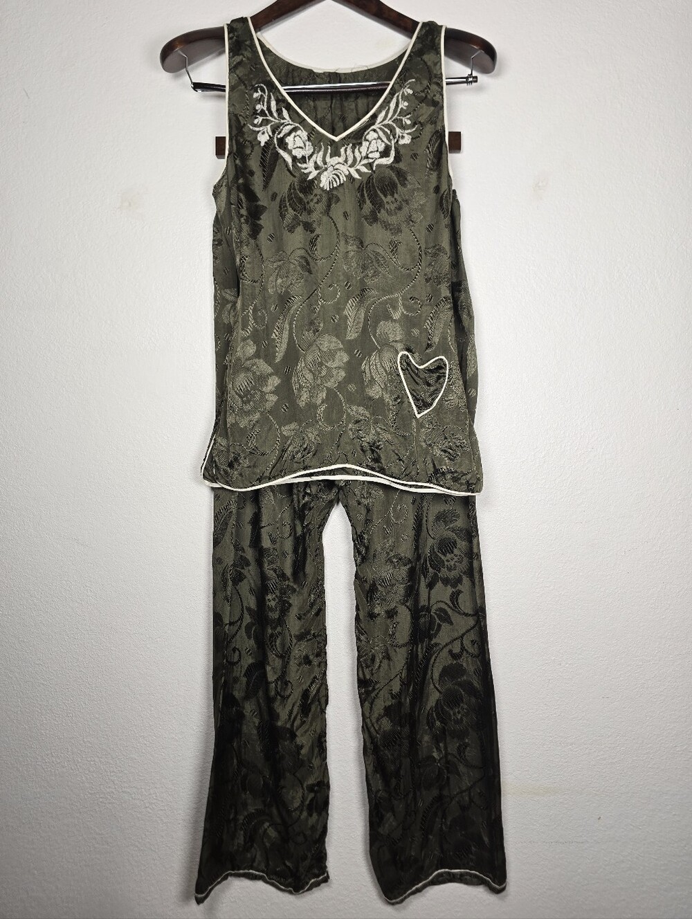 VTG Whimsigoth Olive Green Floral Brocade Shimmer Matching Pants Top Set M